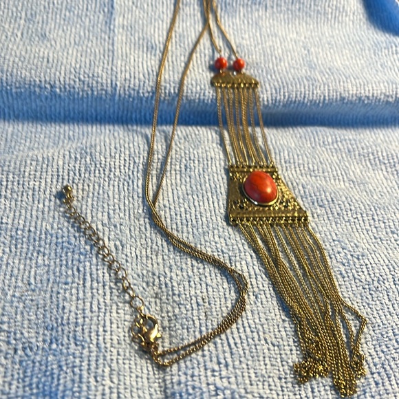 Necklace, brass, orange bead, stone, gold, textured, chain, tassel, and pendant - Picture 1 of 5